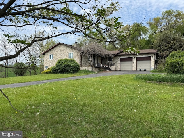 15004 Burnt Mill Rd, Shippensburg, PA 17257 - ranch-style home with stone siding, driveway, a front lawn, and a garage