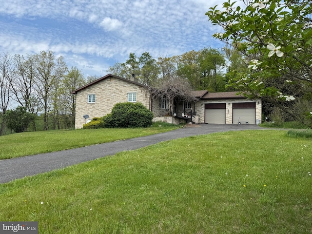15004 Burnt Mill Rd, Shippensburg, PA 17257 - view of front of property with stone siding, asphalt driveway, a garage, and a front lawn