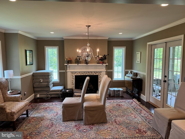 15004 Burnt Mill Rd, Shippensburg, PA 17257 - living area featuring wood finished floors, baseboards, a fireplace, a chandelier, and recessed lighting