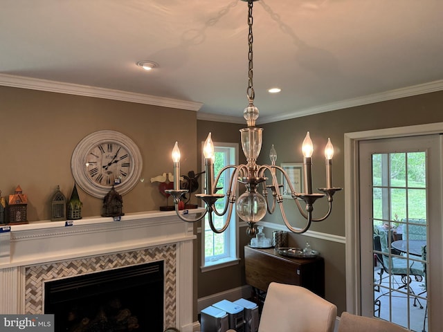 15004 Burnt Mill Rd, Shippensburg, PA 17257 - detailed view of crown molding, a fireplace, and a chandelier