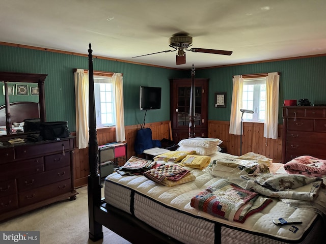 15004 Burnt Mill Rd, Shippensburg, PA 17257 - bedroom with a wainscoted wall, light colored carpet, wooden walls, and ceiling fan
