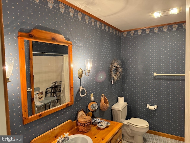 15004 Burnt Mill Rd, Shippensburg, PA 17257 - full bathroom featuring wallpapered walls, toilet, a shower with shower curtain, tile patterned floors, and a sink