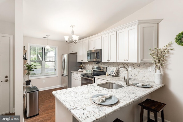 9 Fernwood Ct, Columbus, NJ 08022 - kitchen with stainless steel appliances, a sink, tasteful backsplash, a peninsula, and dark wood-style flooring