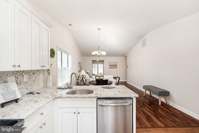 9 Fernwood Ct, Columbus, NJ 08022 - kitchen featuring stainless steel dishwasher, a peninsula, a sink, a chandelier, and white cabinets