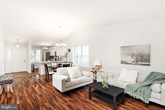 9 Fernwood Ct, Columbus, NJ 08022 - living area featuring a chandelier, lofted ceiling, and dark wood-type flooring