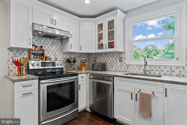 202 Trail Ct, Sterling, VA 20164 - kitchen featuring stainless steel appliances, under cabinet range hood, a sink, and white cabinetry