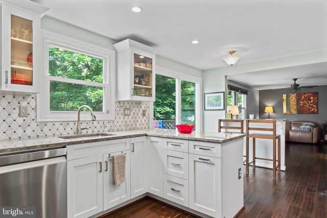202 Trail Ct, Sterling, VA 20164 - kitchen with dishwasher, a sink, a peninsula, backsplash, and recessed lighting