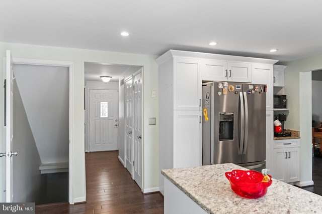 202 Trail Ct, Sterling, VA 20164 - kitchen featuring stainless steel refrigerator with ice dispenser, dark wood-type flooring, white cabinets, black microwave, and recessed lighting
