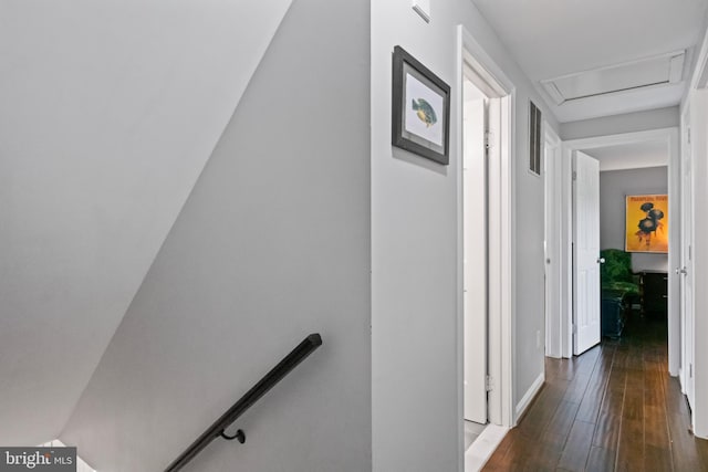 202 Trail Ct, Sterling, VA 20164 - hall featuring an upstairs landing, dark wood-style flooring, attic access, and baseboards