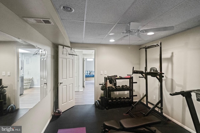 202 Trail Ct, Sterling, VA 20164 - workout area with ceiling fan, a drop ceiling, baseboards, and recessed lighting