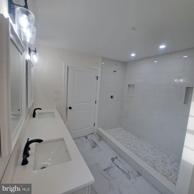 101 Thompson St, Hurlock, MD 21643 - bathroom with a sink, recessed lighting, double vanity, and marble finish floor