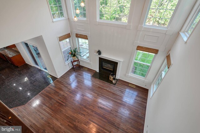 unfurnished living room with a high ceiling, a fireplace with flush hearth, healthy amount of natural light, and wood finished floors