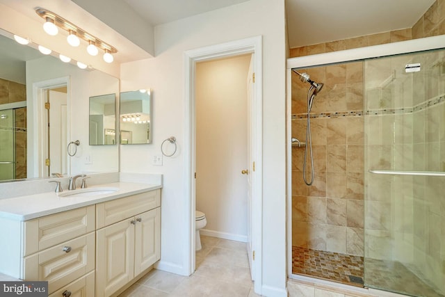 bathroom featuring a shower stall, toilet, tile patterned floors, and vanity