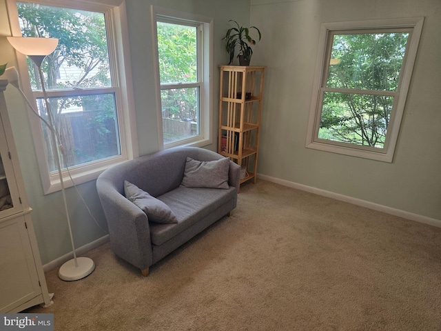 sitting room featuring carpet flooring and baseboards