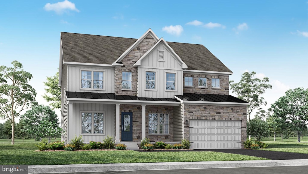 craftsman house with an attached garage, board and batten siding, a front yard, a standing seam roof, and driveway