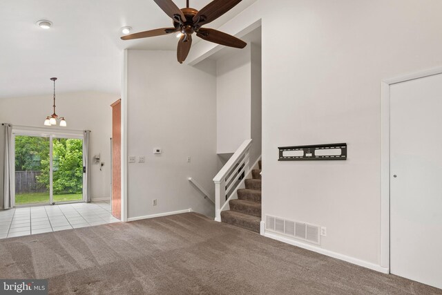 100 Furnlea Dr, Glen Burnie, MD 21060 - foyer entrance with vaulted ceiling, carpet flooring, a ceiling fan, baseboards, and stairs