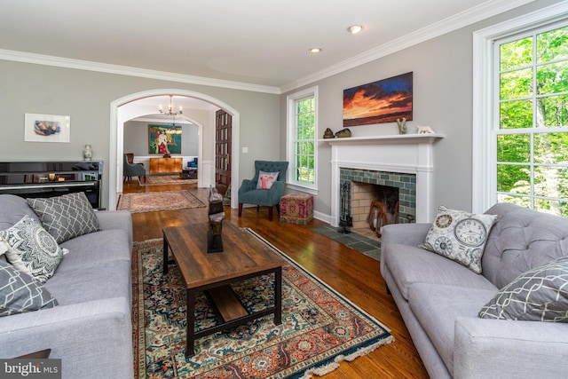 living room with a fireplace, crown molding, arched walkways, and wood finished floors