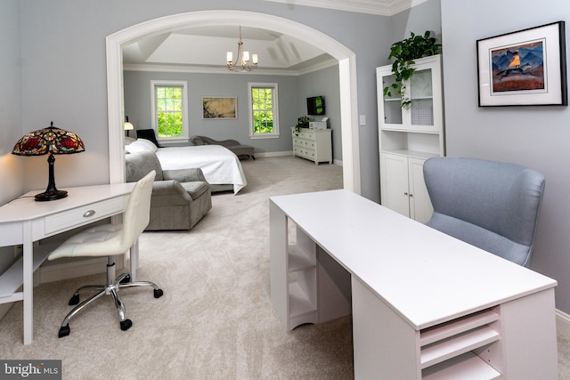 bedroom featuring light colored carpet, ornamental molding, a chandelier, arched walkways, and baseboards