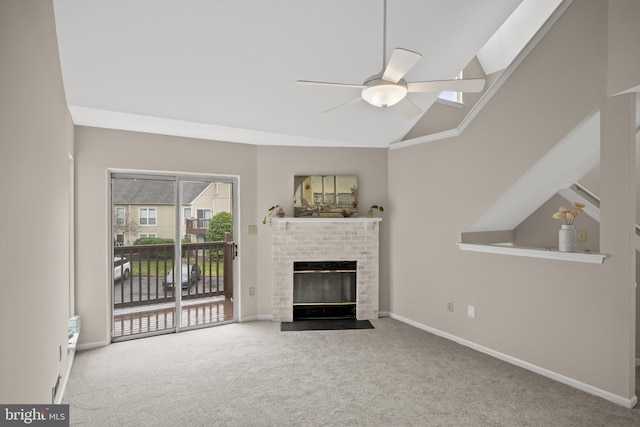 135 Woodlake Dr, Marlton, NJ 08053 - unfurnished living room with carpet, a brick fireplace, a ceiling fan, baseboards, and high vaulted ceiling