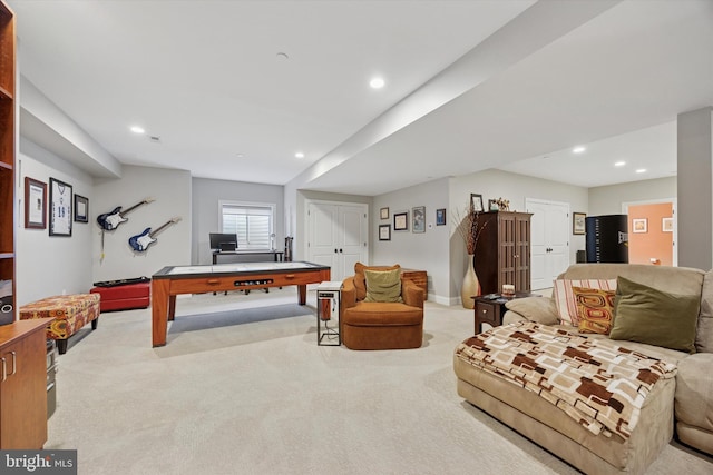 rec room featuring carpet flooring, recessed lighting, baseboards, and pool table