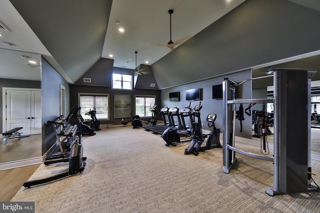 exercise room featuring a ceiling fan, visible vents, high vaulted ceiling, carpet flooring, and recessed lighting
