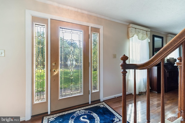 foyer featuring ornamental molding, wood finished floors, and a wealth of natural light
