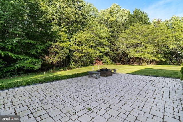 view of patio / terrace with a fire pit