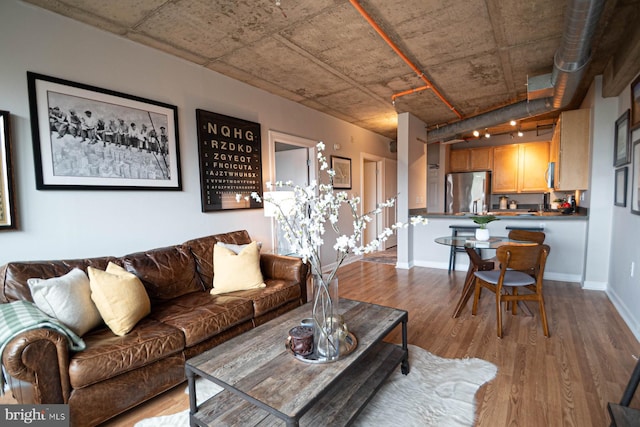 living area featuring baseboards and wood finished floors
