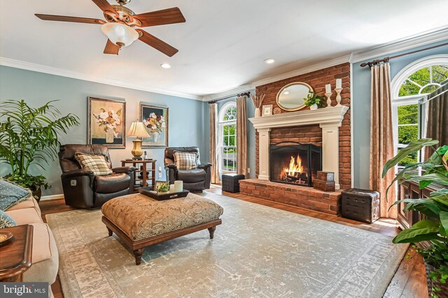 living room featuring crown molding, ceiling fan, wood finished floors, and a fireplace