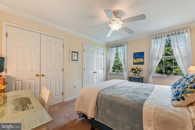 carpeted bedroom featuring baseboards, ornamental molding, a ceiling fan, and two closets