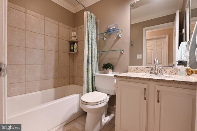 full bath with crown molding, tile patterned flooring, vanity, toilet, and shower / bathtub combination with curtain
