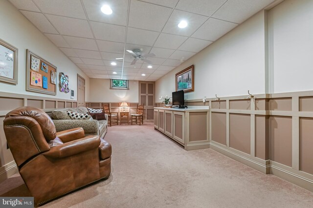 living room featuring recessed lighting, a paneled ceiling, ceiling fan, and light carpet