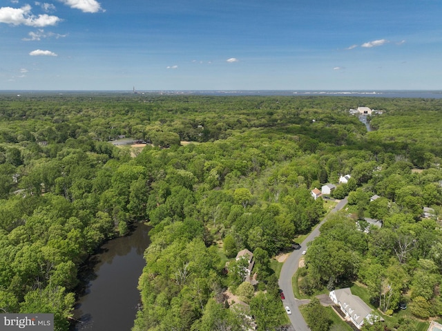 birds eye view of property with a water view and a wooded view