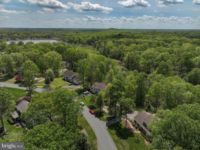 bird's eye view with a water view and a view of trees