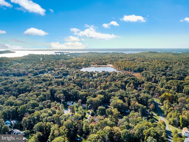 aerial view with a water view and a wooded view