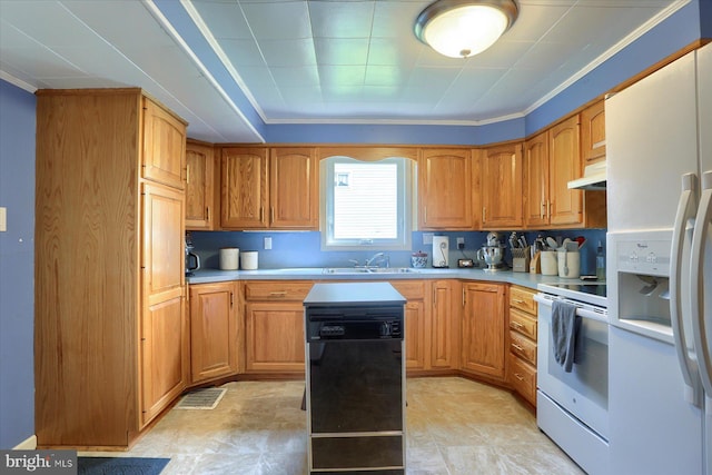 kitchen with crown molding, light countertops, under cabinet range hood, and white appliances