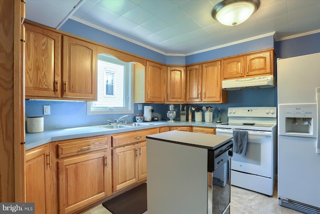 kitchen featuring a sink, white appliances, light countertops, under cabinet range hood, and ornamental molding