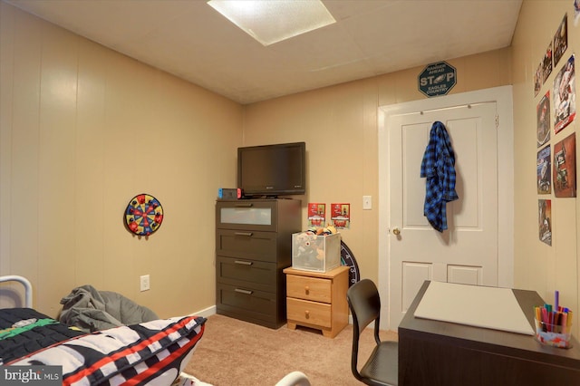 bedroom featuring light colored carpet