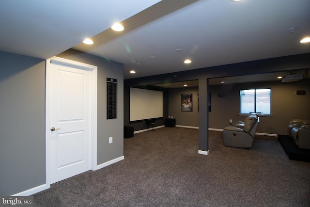 home theater featuring carpet floors, recessed lighting, and baseboards