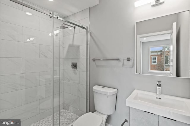 bathroom with a sink, a stall shower, and toilet