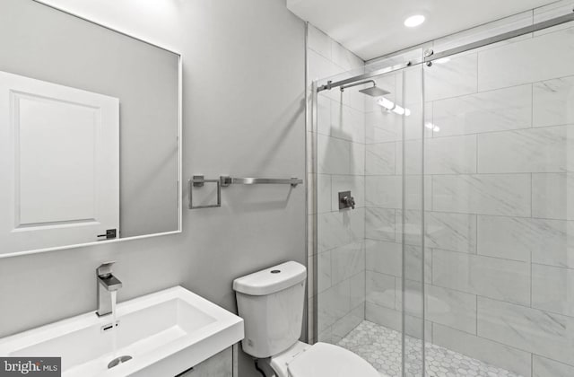 bathroom featuring toilet, a shower stall, and vanity