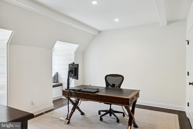 office space featuring baseboards, recessed lighting, dark wood finished floors, and vaulted ceiling with beams