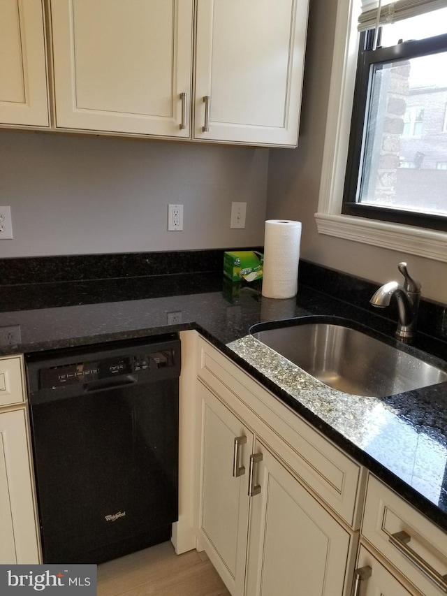 kitchen featuring a sink, dark stone countertops, and dishwasher