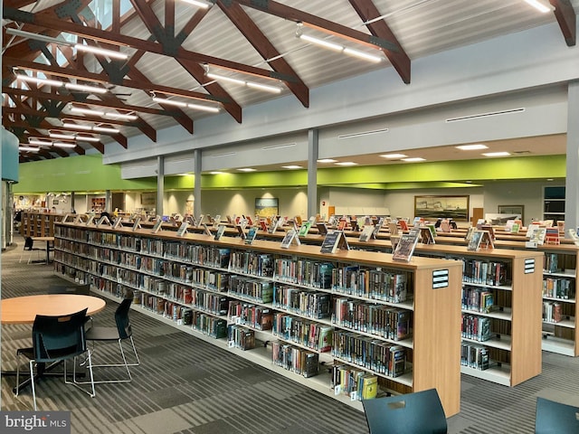 miscellaneous room featuring carpet, beam ceiling, and bookshelves