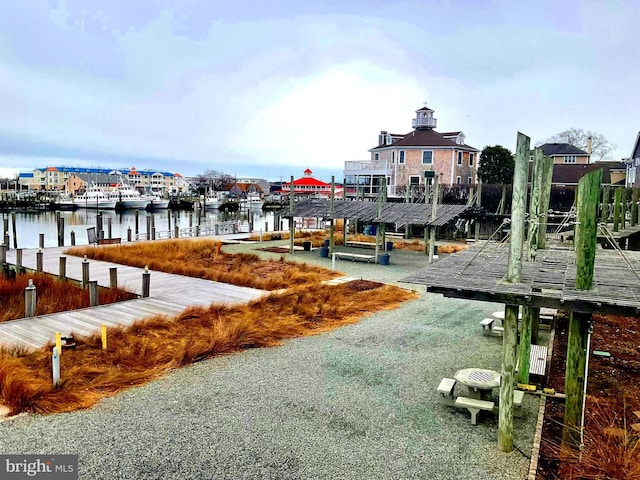view of dock with a water view