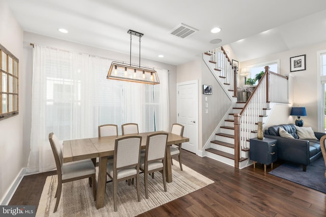 dining room featuring stairs, recessed lighting, baseboards, visible vents, and dark wood-style floors