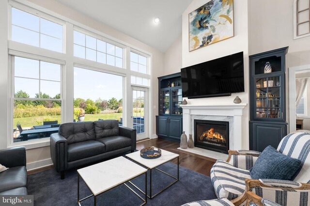 living room featuring dark wood finished floors, high vaulted ceiling, baseboards, recessed lighting, and a premium fireplace