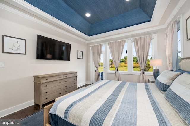 bedroom featuring baseboards, multiple windows, and a tray ceiling