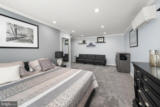 carpeted bedroom featuring recessed lighting, ornamental molding, baseboards, and a wall unit AC