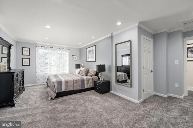 carpeted bedroom with baseboards, ornamental molding, and recessed lighting